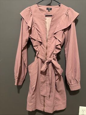 On Twelfth Dusty Blush Ruffle Zip Front Tie Waist Mini Dress MEDIUM